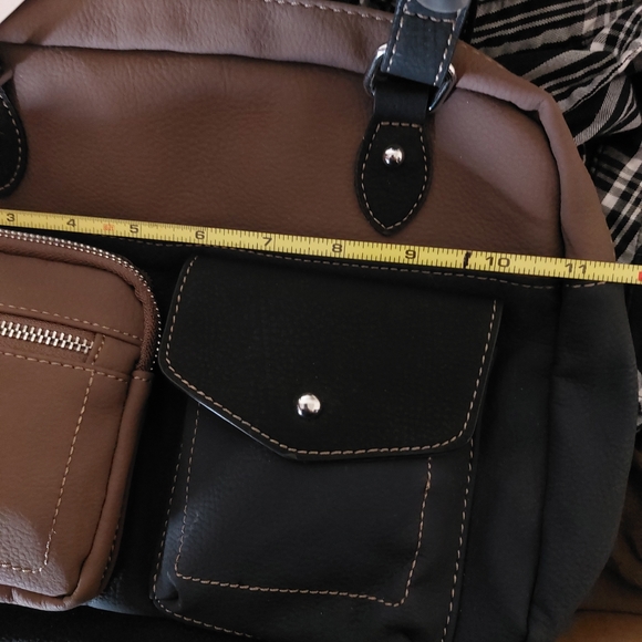 Soft Faux Leather Small Navy Blue Black Tan Colorblock Utility Handbag Purse - Picture 8 of 11